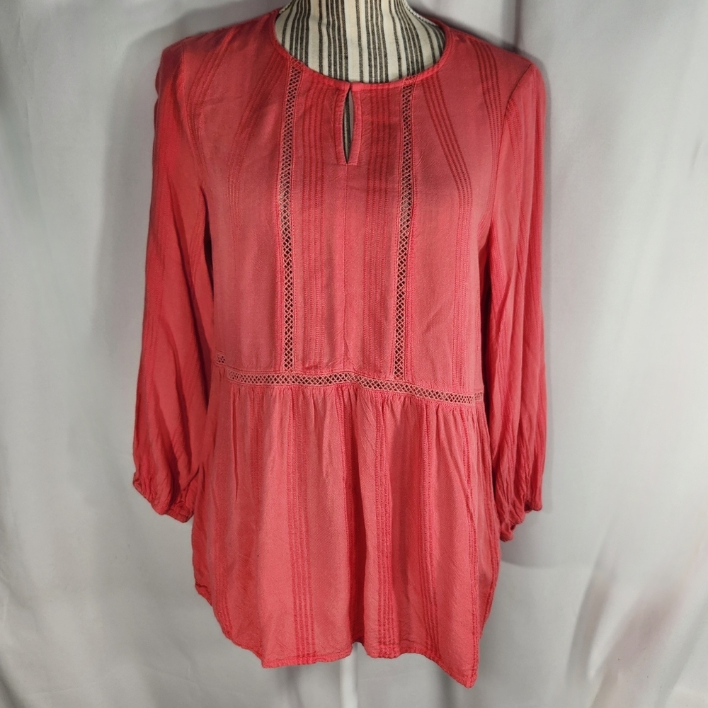 Fever Coral Quatro St Long Sleeve BOHO Ladder Lace Accents Top Size Small